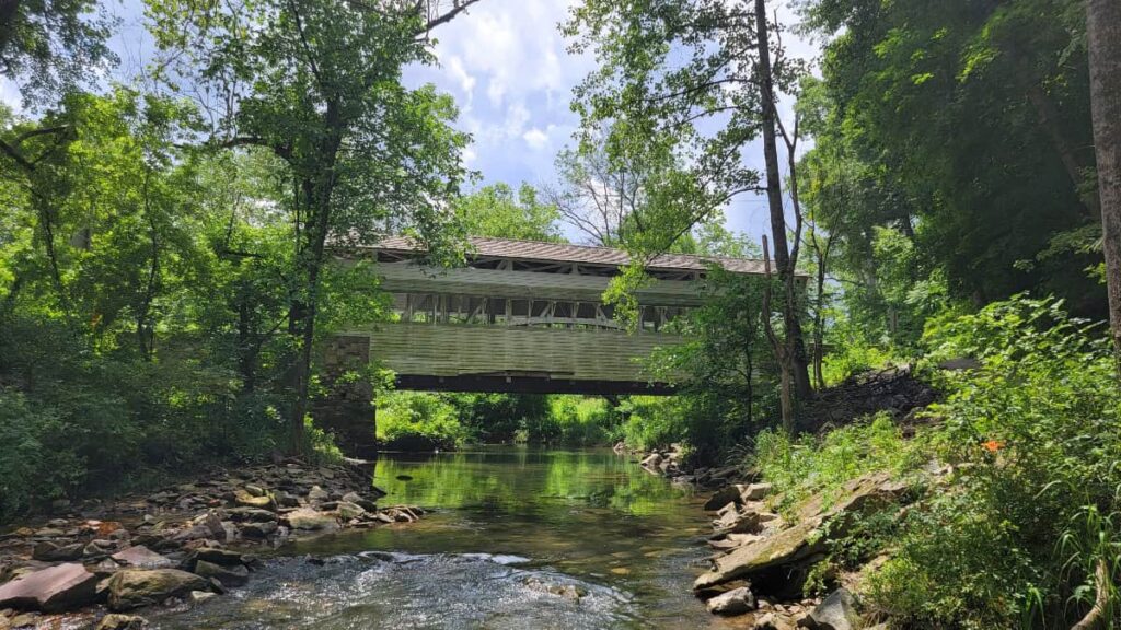 View of the Knox Covered Bridge from the bank of the Valley Creek in Valley Forge national Historical Park