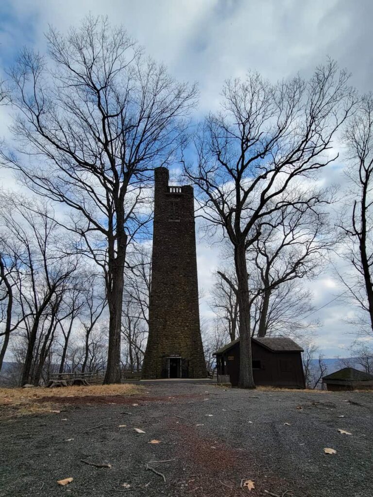 View of Bowman's Hill Tower from the parking lot during March