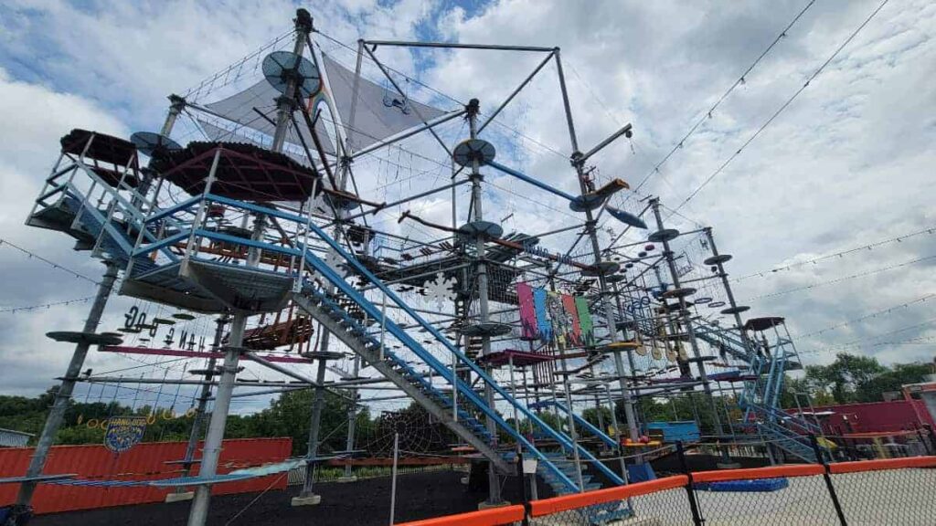 View of the free-standing ropes obstacle course at Hang Dog