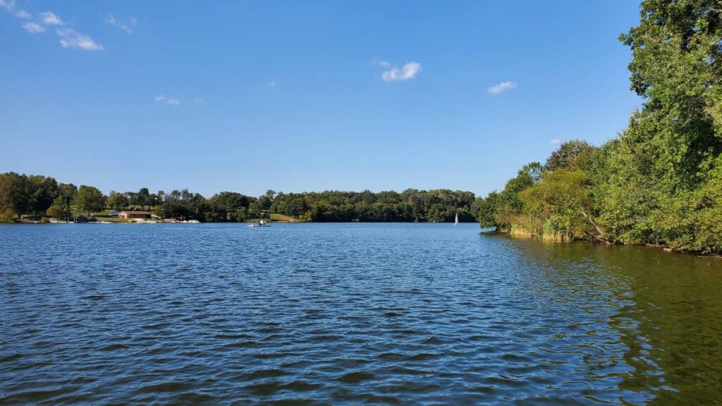 Looking out towards Lake Luxembourg at Core Creek State Park in the summer