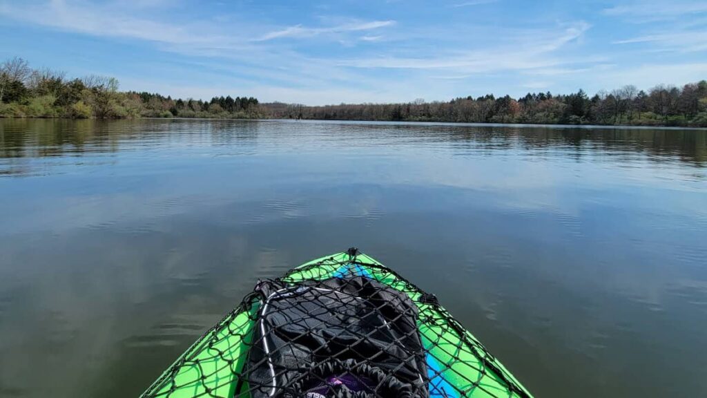 sitting in the middle of Lake Nockamixon in an inflatable kayak