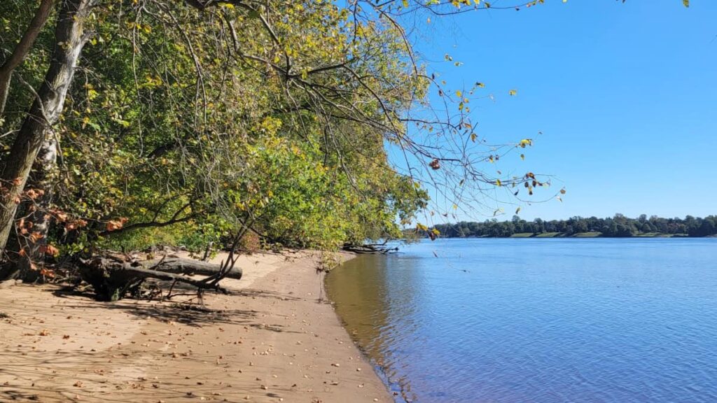 A view of a sandy beach along the Delaware River in Neshaminy State Park