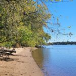 A view of a sandy beach along the Delaware River in Neshaminy State Park