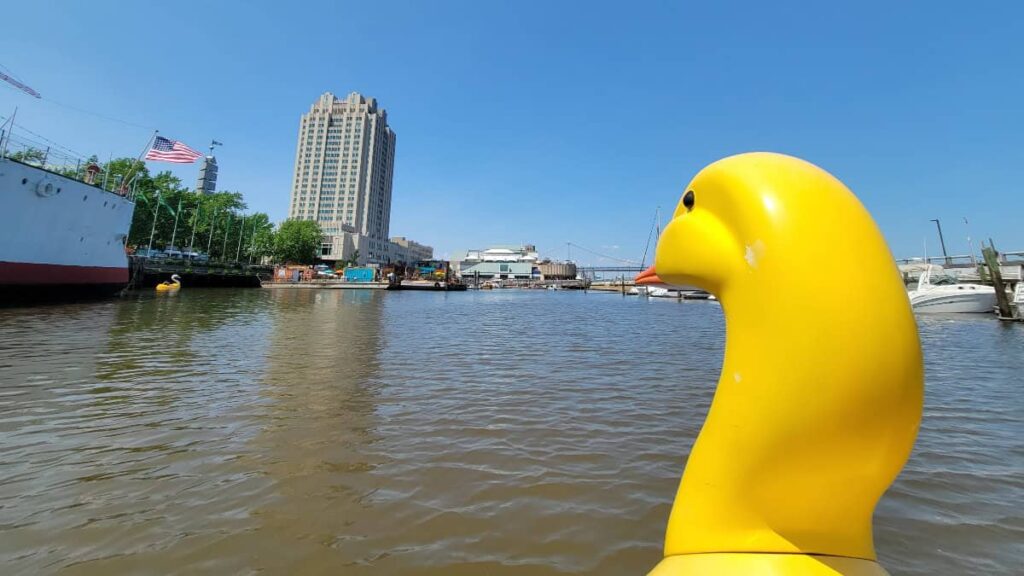 The head of a yellow duck from a paddle boat is in the foreground as you look out towards Independence Seaport Museum