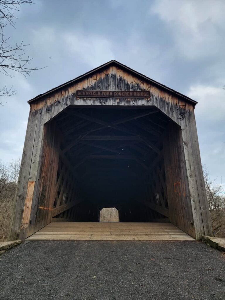 View of the entrance to the Schofield Ford Covered Bridge in Tyler State Park