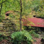 Thomas Mill Covered bridge, colored red, hides behind some trees in Wissahickon Valley Park