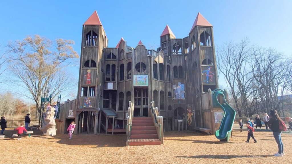 Looking at a wooden castle play structure