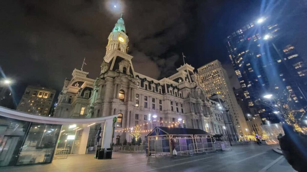 Looking at Philadelphia's City Hall at night
