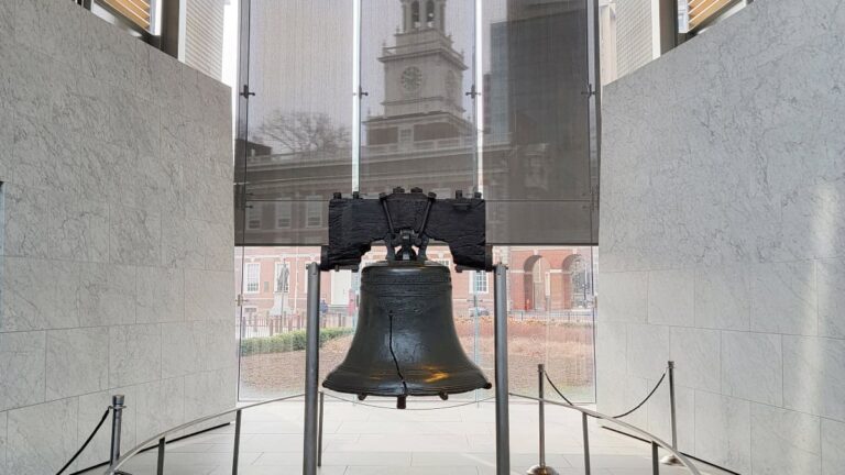 Looking at the Liberty Bell with Independence Hall seen through the window