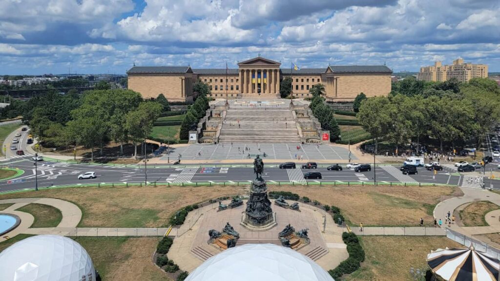 An aerial view of the entrance of the Philadelphia Museum of Art and Rocky steps