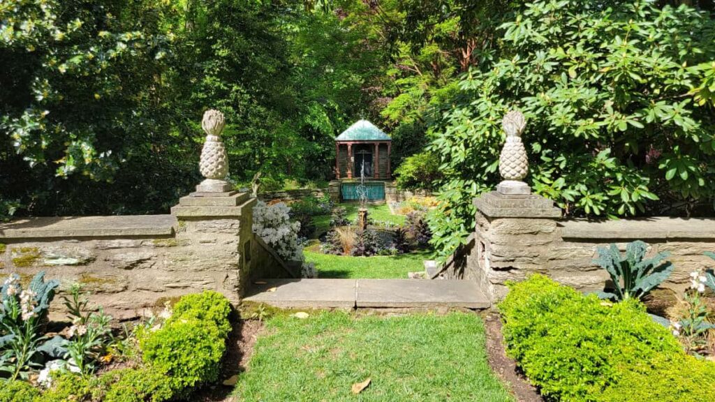 two stone wall meet to created a grand entryway to the garden at PHS Meadowbrook Farm