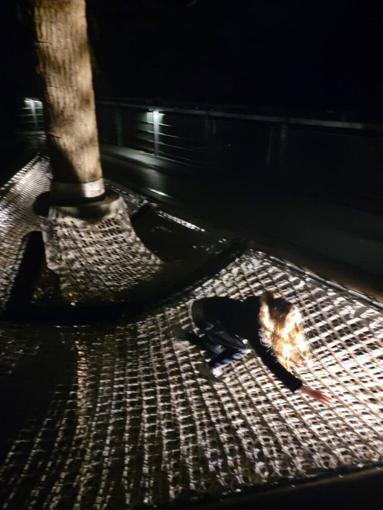 A young girl climbs around on a large net at night