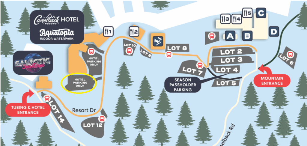 A colorful map depicts parking at Camelback Lodge and Resort