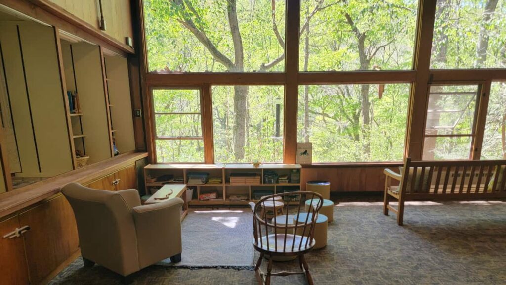 large windows look out over a forest
