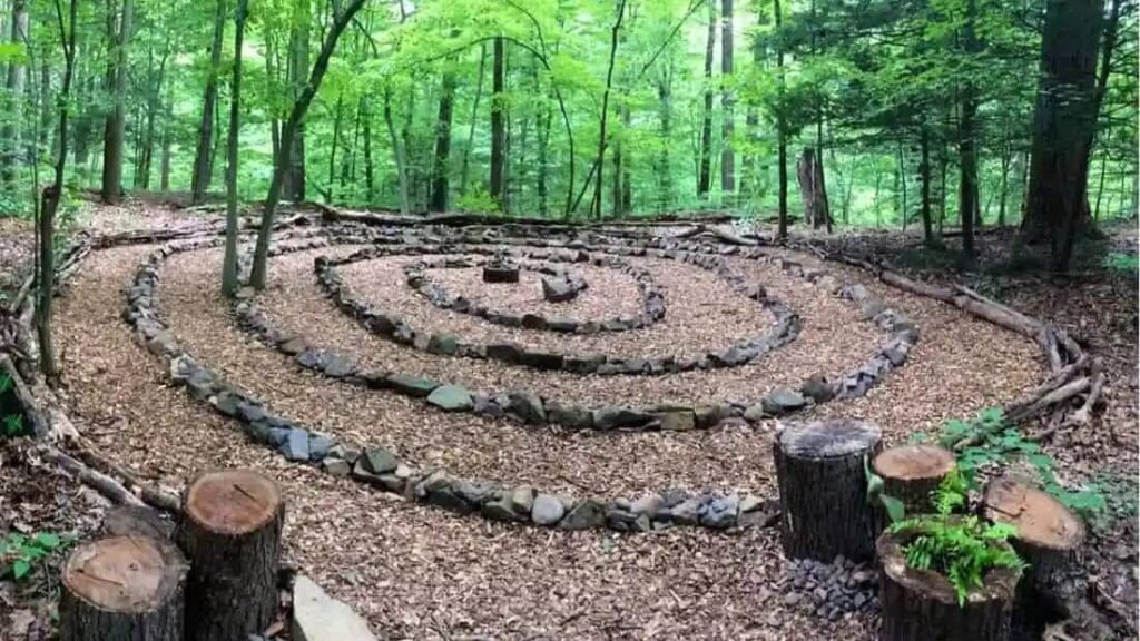a stone and mulch spiral labyrinth sits in the woods